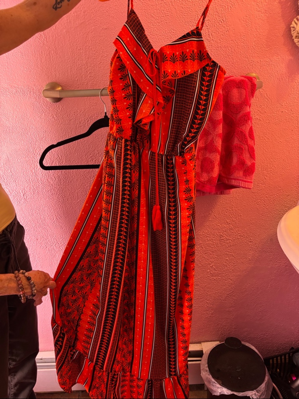 Red Patterned Sleeveless Maxi Dress with Tie Waist